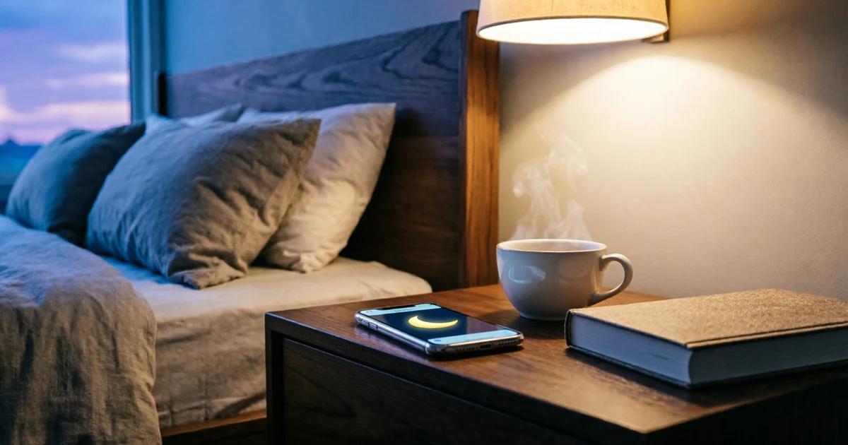 A cozy and modern bedroom setting at twilight, viewed from a soft side angle. A smartphone sits neatly on a dark wooden nightstand, showing a clean text messaging screen with a crescent moon emoji visible. A small ceramic mug of tea and a closed book rest beside the phone. Warm, ambient low lighting fills the space from a bedside lamp. No text, icons, or human hands.